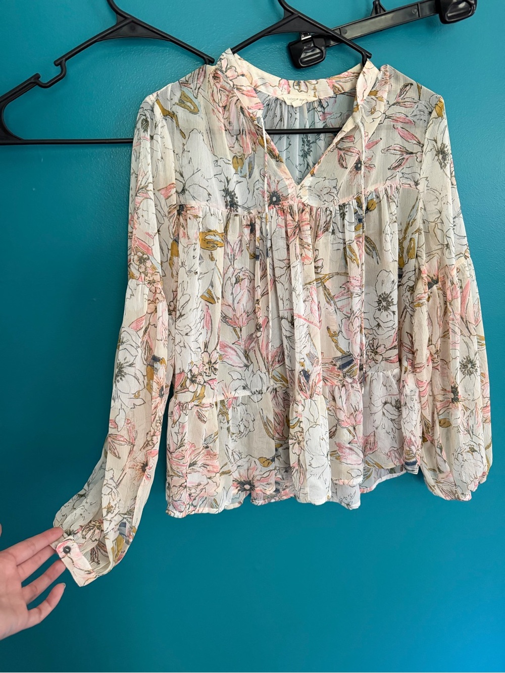 Lucky Brand Cream Floral Tie-Neck Blouse with Pink & Green Accents